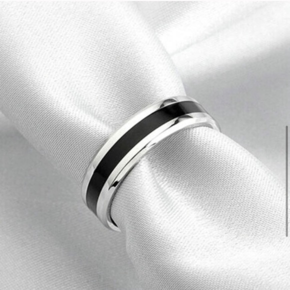 Black White Enamel Coated Ring Wedding Band - Picture 3 of 16